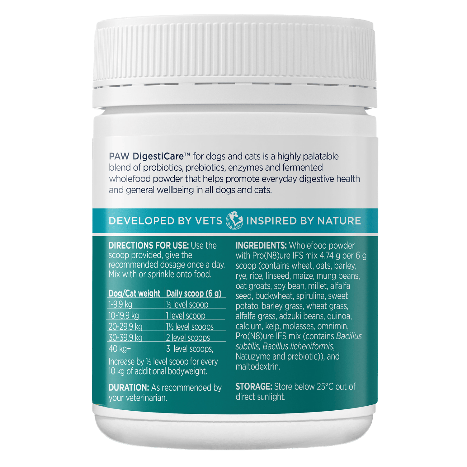 PAW DigestiCare® Pre + Probiotic Powder Back Label