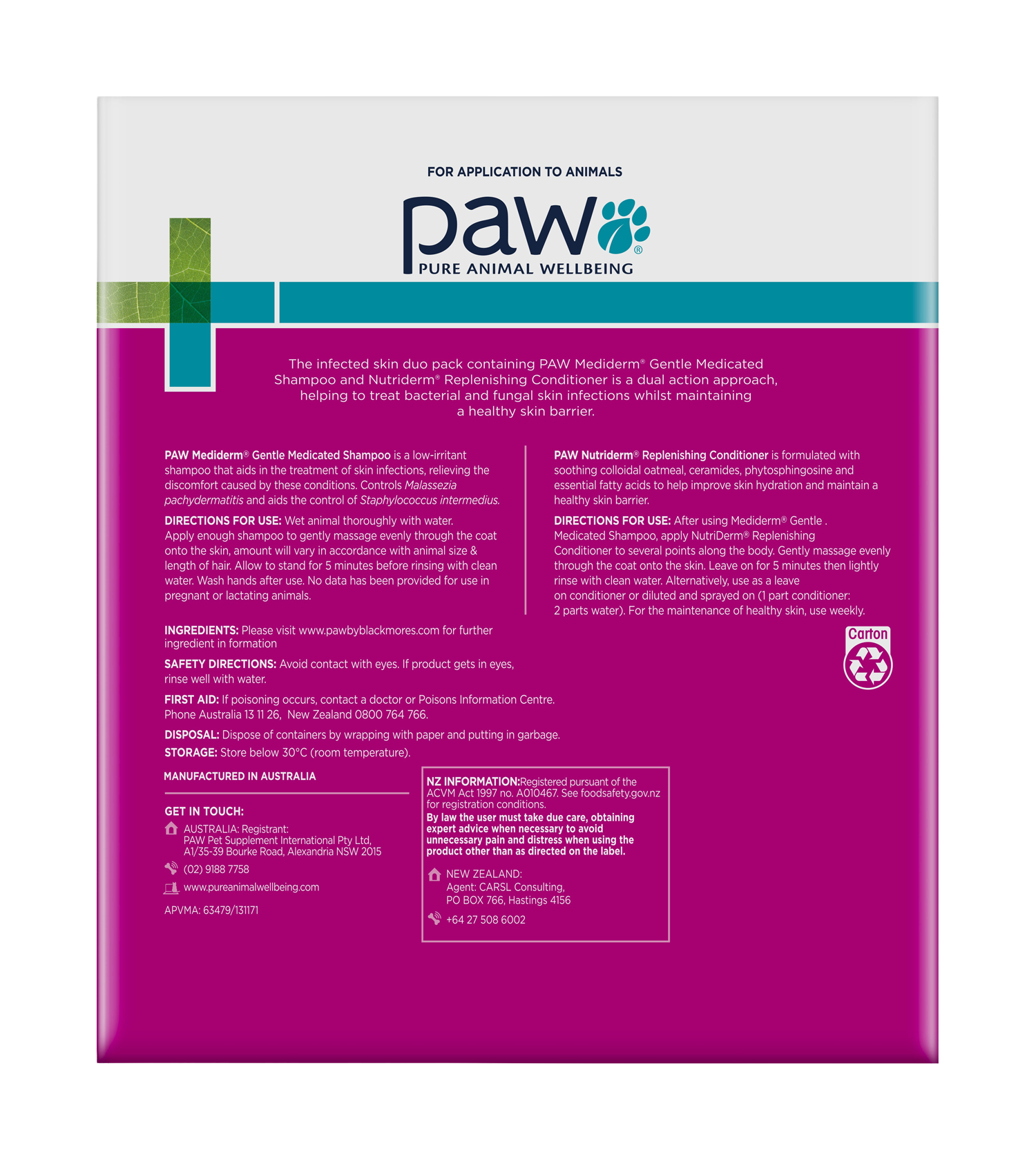 PAW Shampoo + Conditioner 200 mL Duo Pack PAW Medi-NutriDerm Duo Pack Back label