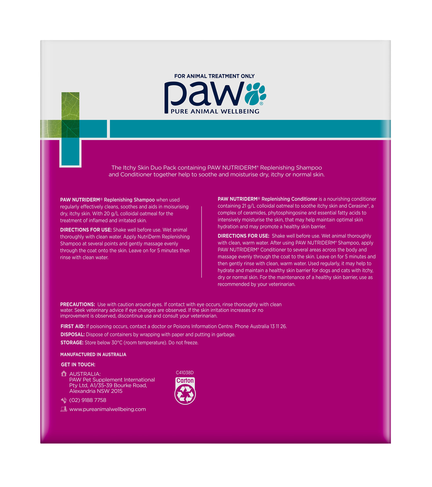 PAW Shampoo + Conditioner 200 mL Duo Pack PAW NutriDerm Duo Pack Back Label